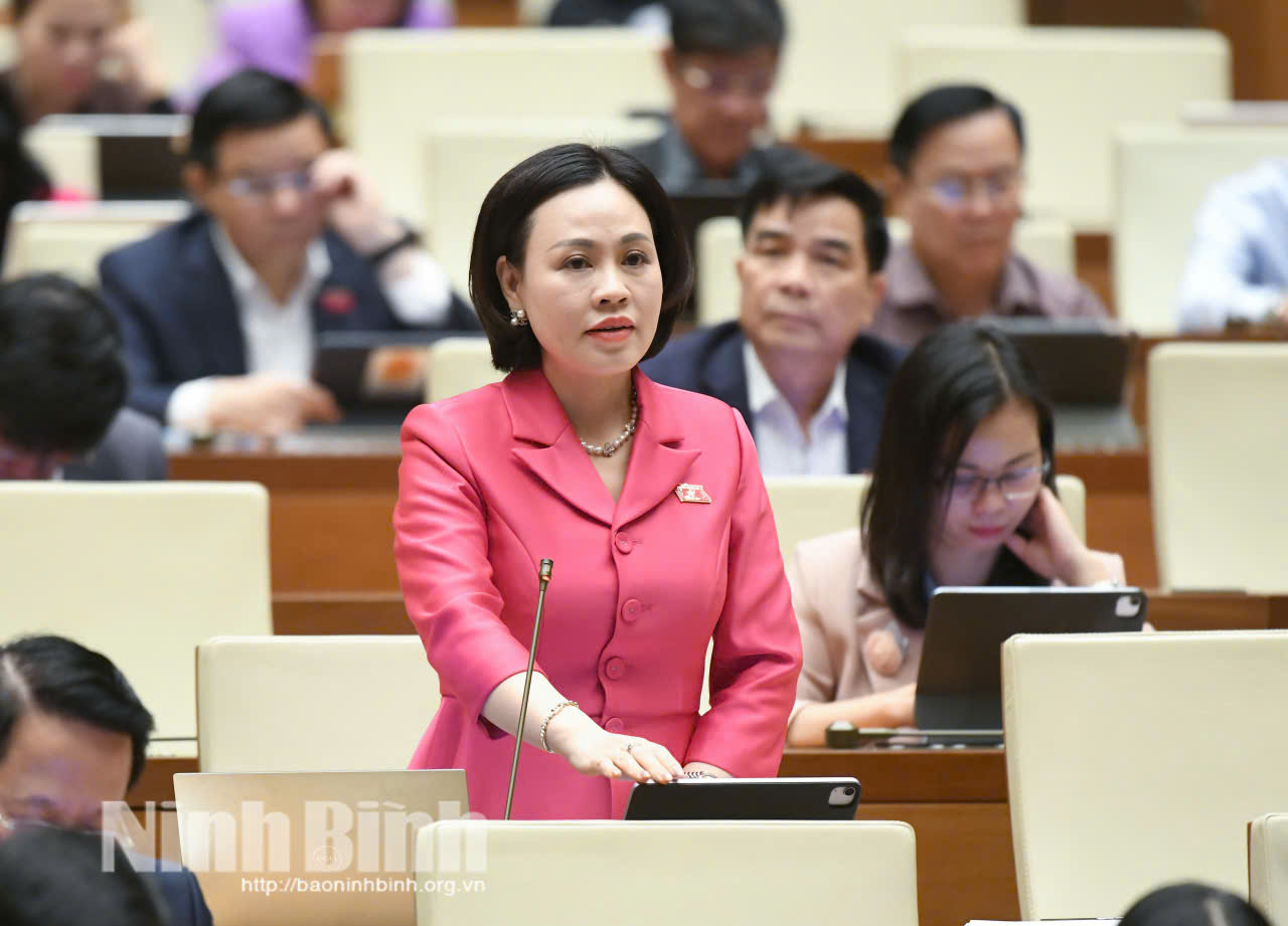 Đại biểu Trần Thị Hồng Thanh, Phó Trưởng Đoàn ĐBQH tỉnh Ninh Bình phát biểu thảo luận tại Hội trường về điều chỉnh Quy hoạch tổng thể quốc gia thời kỳ 2021 - 2030, tầm nhìn đến năm 2050.