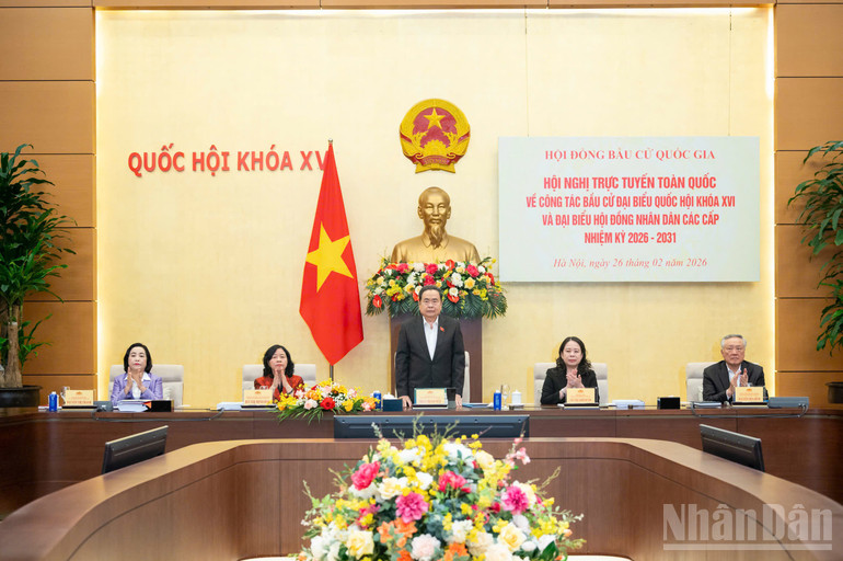 Chủ tịch Quốc hội Trần Thanh Mẫn chủ trì Hội nghị trực tuyến toàn quốc triển khai công tác bầu cử. (Ảnh: Nhân Dân)