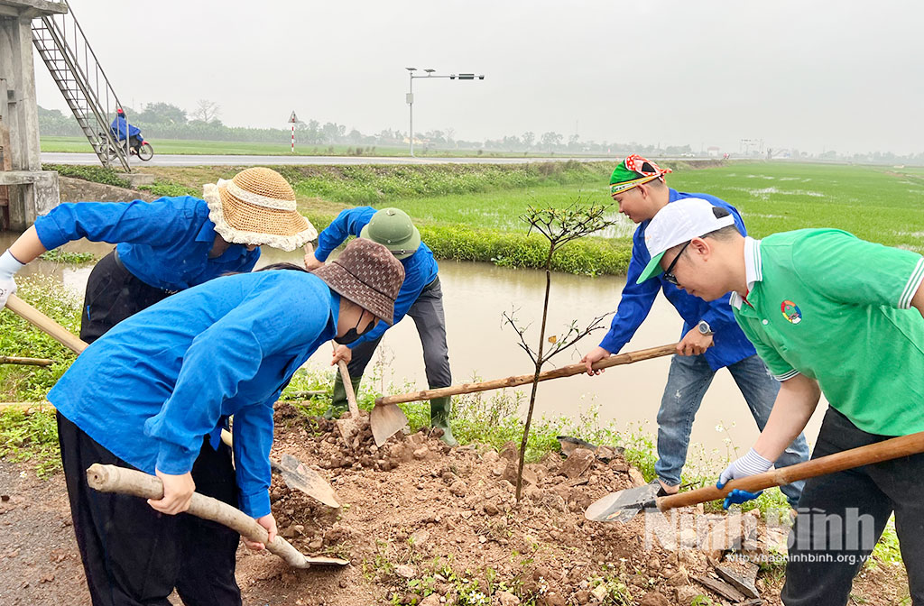 Đoàn viên, thanh niên xã Quang Thiện tham gia trồng và chăm sóc cây xanh tại chương trình.