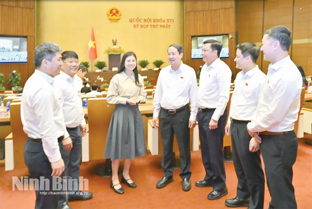 Các vị đại biểu Quốc hội tỉnh Ninh Bình trao đổi bên lề Kỳ họp thứ nhất, Quốc hội khóa XVI. Ảnh: CTV