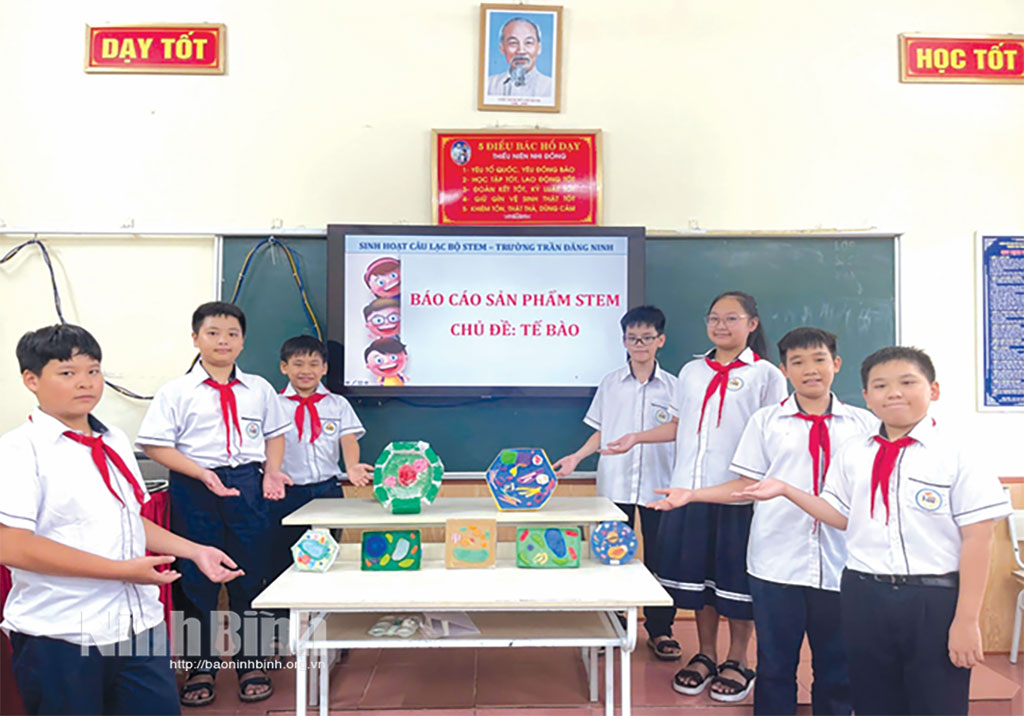 Câu lạc bộ STEM khối 6, Trường THCS Trần Đăng Ninh, phường Nam Định báo cáo sản phẩm chủ đề “Làm mô hình tế bào từ vật liệu tái chế”.