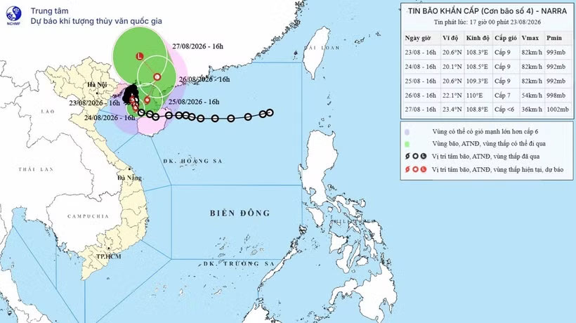 Vị trí và đường đi của bão số 4. (Nguồn: Trung tâm Dự báo Khí tượng Thủy văn Quốc gia).