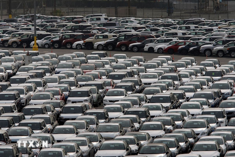 Ôtô nhập khẩu được vận chuyển tại cảng Long Beach, California, Mỹ. (Ảnh: Getty Images/TTXVN)