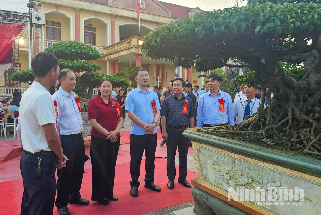 Đồng chí Bùi Văn Mạnh, Tỉnh ủy viên, Giám đốc Sở Du lịch và các đại biểu tham quan Triển lãm cây cảnh nghệ thuật xã Hải Tiến.