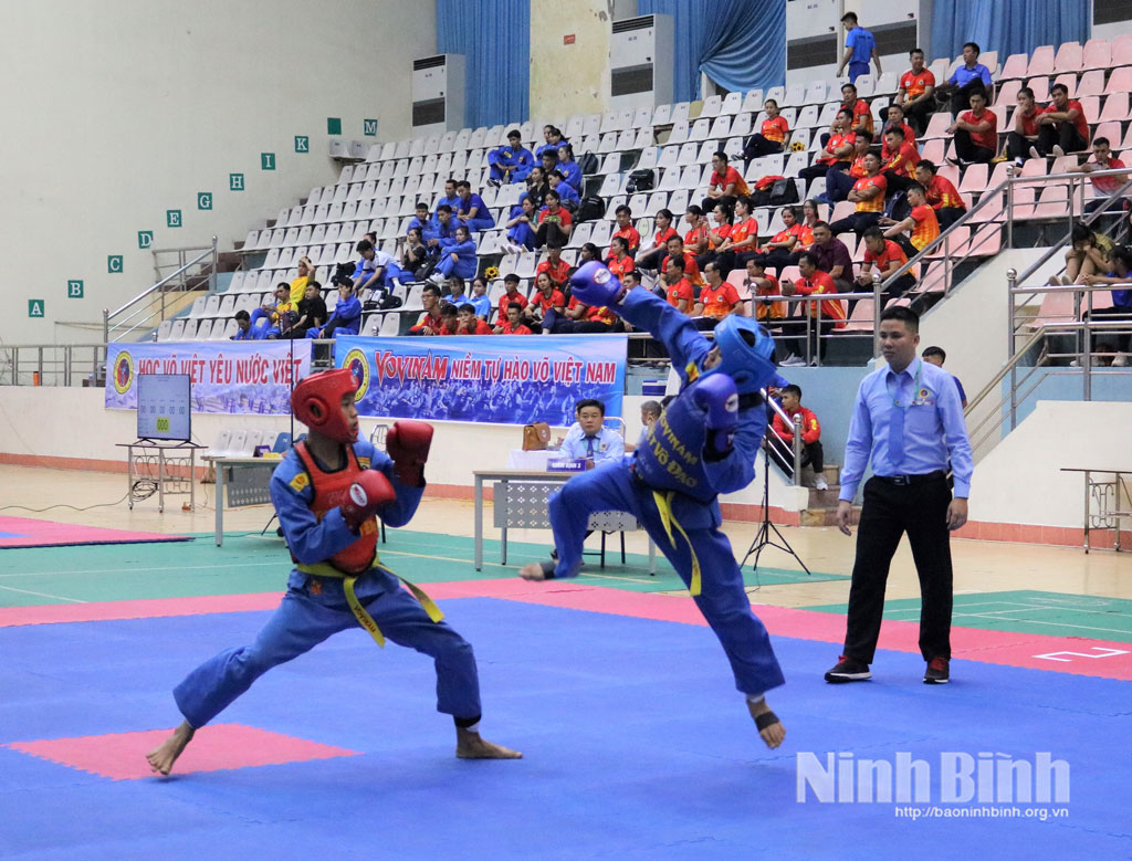 Thi đấu nội dung đối kháng nam tại một giải đấu Vovinam quốc gia tổ chức tại Ninh Bình.