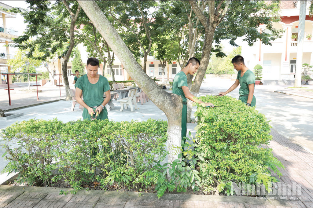 Chiến sĩ Trung đoàn 180, Bộ Chỉ huy Quân sự tỉnh chăm sóc cây cảnh, góp phần xây dựng đơn vị chính quy, sáng, xanh, sạch, đẹp.