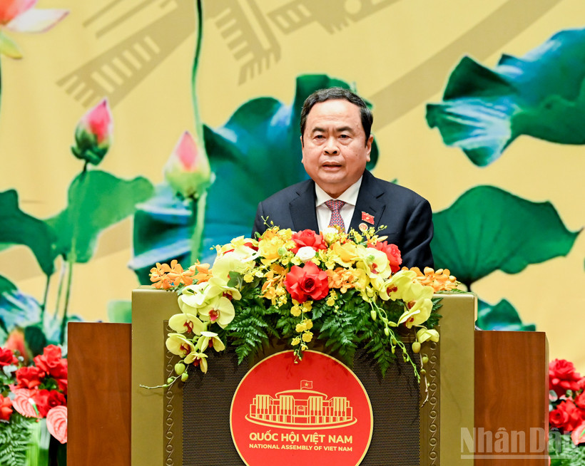 Chủ tịch Quốc hội Trần Thanh Mẫn phát biểu tại lễ kỷ niệm. (Ảnh: DUY LINH)