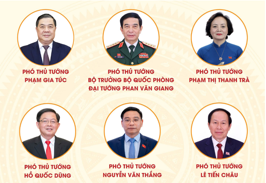 The newly appointed Deputy PMs are Pham Gia Tuc, Phan Van Giang, Pham Thi Thanh Tra, Ho Quoc Dung, Nguyen Van Thang and Le Tien Chau.