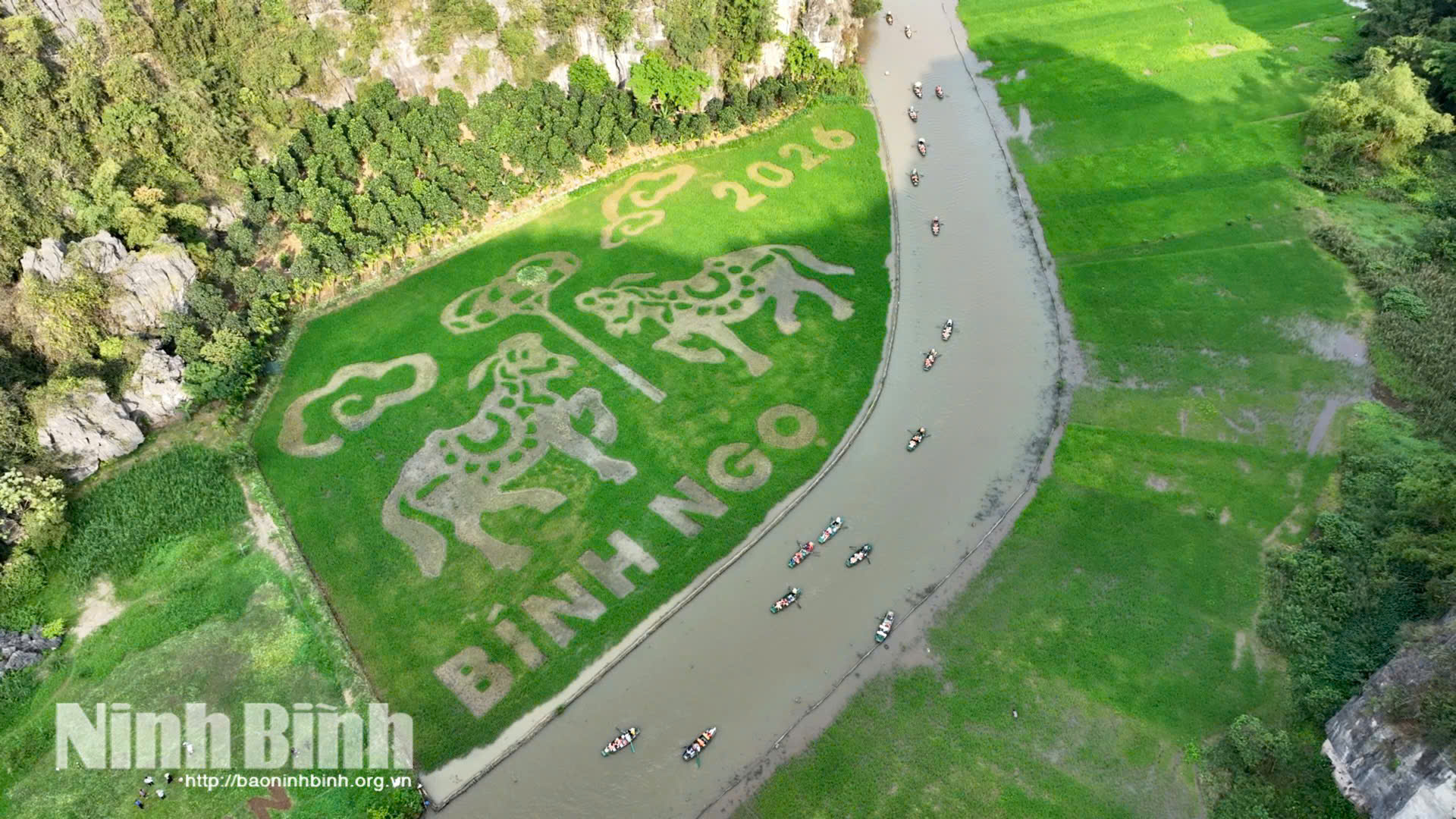 Tạo hình với chủ đề "Song mã chầu báo công" của cánh đồng nghệ thuật Tam Cốc năm 2026.