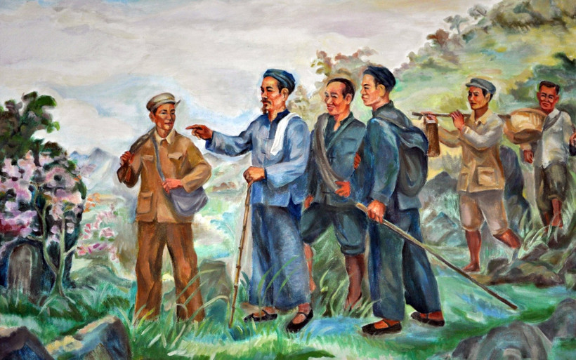 Ngày 28/1/1941, lãnh tụ Nguyễn Ái Quốc và các đồng chí Lê Quảng Ba, Phùng Chí Kiên, Thế An, Đặng Văn Cáp, Hoàng Văn Lộc vượt qua mốc 108 biên giới Việt Nam-Trung Quốc về đến Pác Bó (xã Trường Hà, Hà Quảng, Cao Bằng cũ), một nơi “bí mật” có “hàng rào quần chúng bảo vệ và có đường rút lui”. Nguồn: Bảo tàng Hồ Chí Minh.