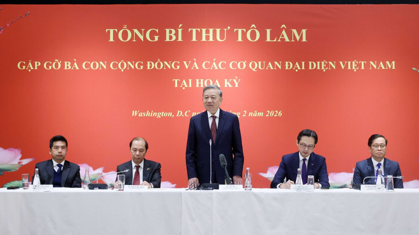 Tổng Bí thư Tô Lâm phát biểu tại buổi gặp gỡ bà con cộng đồng và các cơ quan đại diện Việt Nam tại Hoa Kỳ. (Ảnh: Thống Nhất/TTXVN)