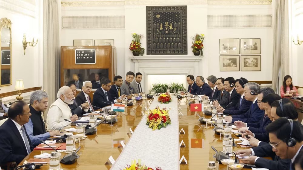 Tổng Bí thư, Chủ tịch nước Tô Lâm hội đàm với Thủ tướng Ấn Độ Narendra Modi. (Ảnh: Thống Nhất/TTXVN)