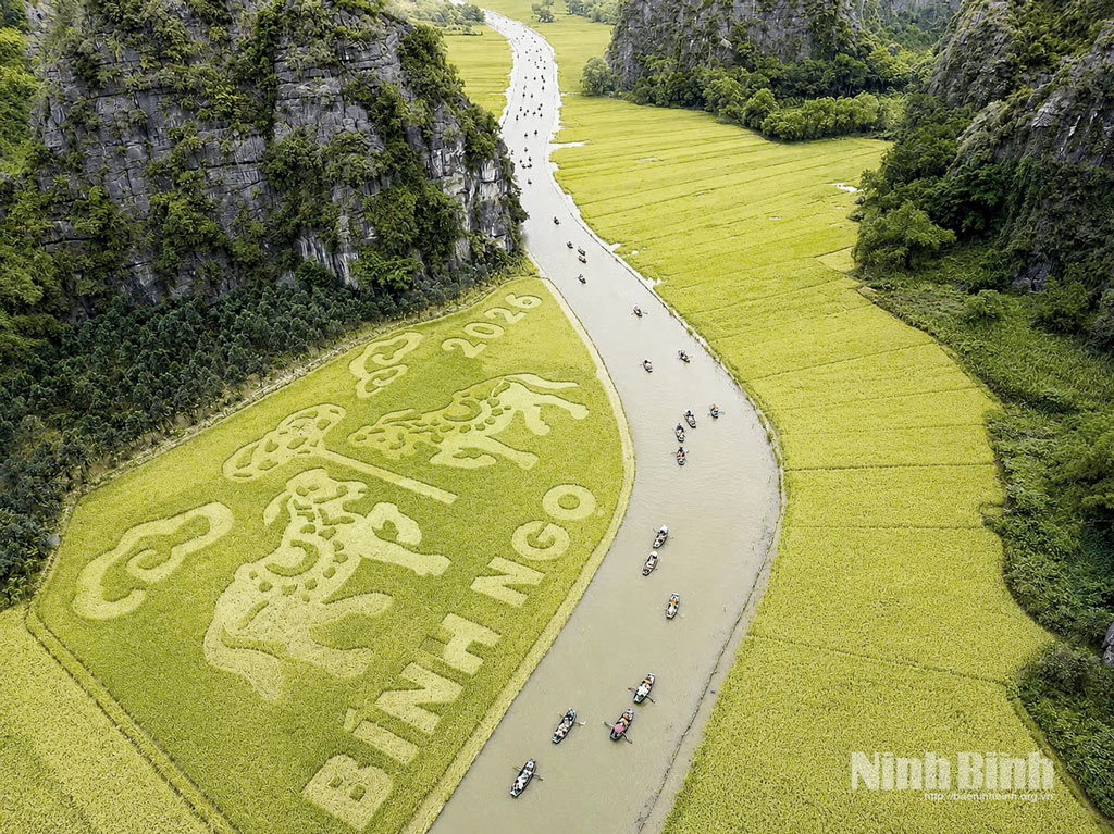 Cánh đồng nghệ thuật Tam Cốc được tạo hình với chủ đề “Song mã chầu báo công”.