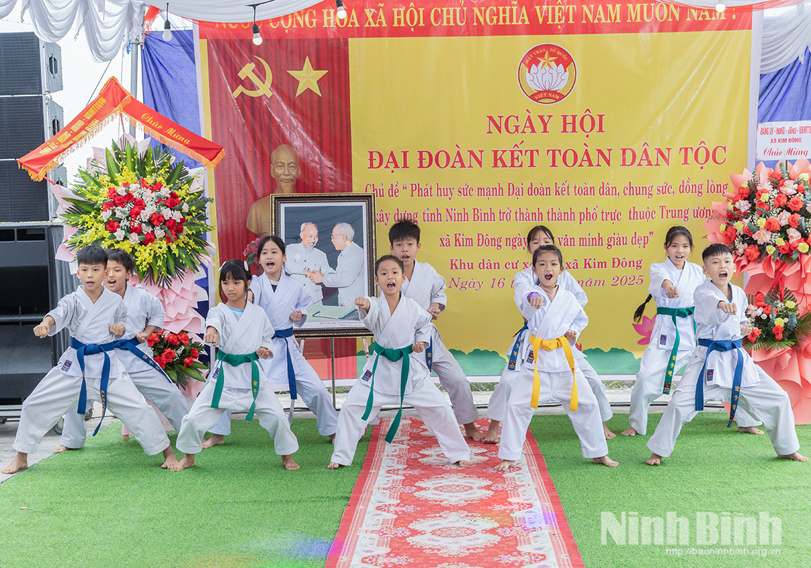 Biểu diễn võ thuật tại Ngày hội Đại đoàn kết toàn dân tộc ở xóm 4, xã Kim Đông. Ảnh: Viết Dư